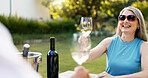 Smile, drink and wine with old couple in nature for romance, anniversary date and bonding. Happiness, retirement and support with senior man and woman at vineyard resort for glass, relax and vacation