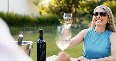 Buy stock photo Smile, drink and wine with old couple in nature for romance, anniversary date and bonding. Happiness, retirement and support with senior man and woman at vineyard resort for glass, relax and vacation