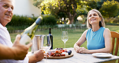 Buy stock photo Love, date and wine with old couple in nature for romance, anniversary brunch and waiter. Happiness, retirement and service with senior man and woman at vineyard resort for food, menu and vacation