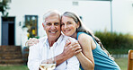Portrait, senior couple and hug on date with romance, love and partner support for retirement break. Smile, elderly people and embrace with champagne, anniversary celebration and commitment at house