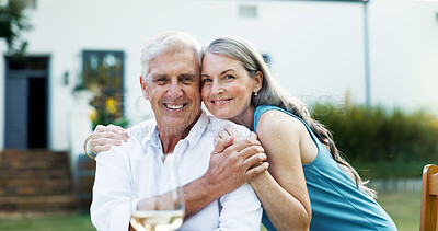 Buy stock photo Portrait, senior couple and hug on date with romance, love and partner support for retirement break. Smile, elderly people and embrace with champagne, anniversary celebration and commitment at house