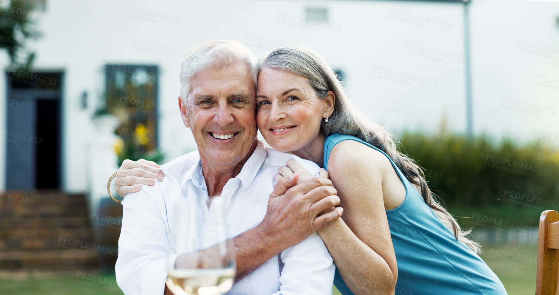 Buy stock photo Portrait, senior couple and hug on date with romance, love and partner support for retirement break. Smile, elderly people and embrace with champagne, anniversary celebration and commitment at house