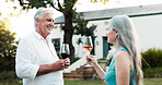 Love, bonding and wine with old couple in nature for romance, anniversary date and drink. Happiness, retirement and support with senior man and woman at vineyard resort for glass, relax and vacation