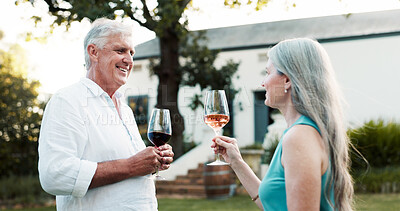 Buy stock photo Love, bonding and wine with old couple in nature for romance, anniversary date and drink. Happiness, retirement and support with senior man and woman at vineyard resort for glass, relax and vacation