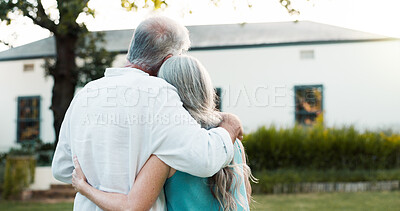 Buy stock photo Love, hug and back of old couple in garden for support, bonding and retirement. Summer, embrace and relationship with senior man and woman in backyard of home for relax, care and elderly people