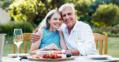 Buy stock photo Love, portrait and wine with old couple and brunch for romance, anniversary date and bonding. Happiness, retirement and hug with senior man and woman at vineyard resort for food, relax and vacation