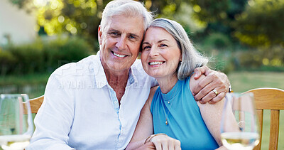Buy stock photo Portrait, elderly couple and hug on date with romance, love and partner support for retirement break. Smile, senior people and embrace with champagne, anniversary celebration and commitment at house