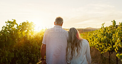 Buy stock photo Travel, walking and back with old couple in vineyard for romance, anniversary date and bonding. Sunset, retirement and support with senior man and woman at winery for love, relax and vacation