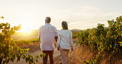 Buy stock photo Sunset, holding hands and back with old couple in nature for romance, anniversary date and bonding. Walking, retirement and support with senior man and woman at winery for love, relax and vacation