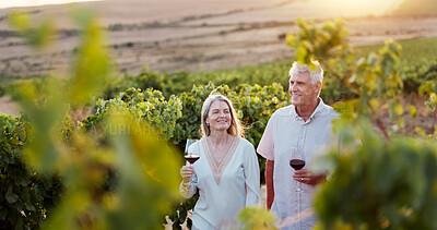 Buy stock photo Love, travel and wine with old couple in vineyard for romance, anniversary date and bonding. Happiness, retirement and smile with senior man and woman at winery for alcohol, relax and vacation