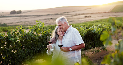 Buy stock photo Love, hug and wine with old couple in vineyard for romance, anniversary date and bonding. Happiness, retirement and support with senior man and woman at winery for embrace, relax and vacation