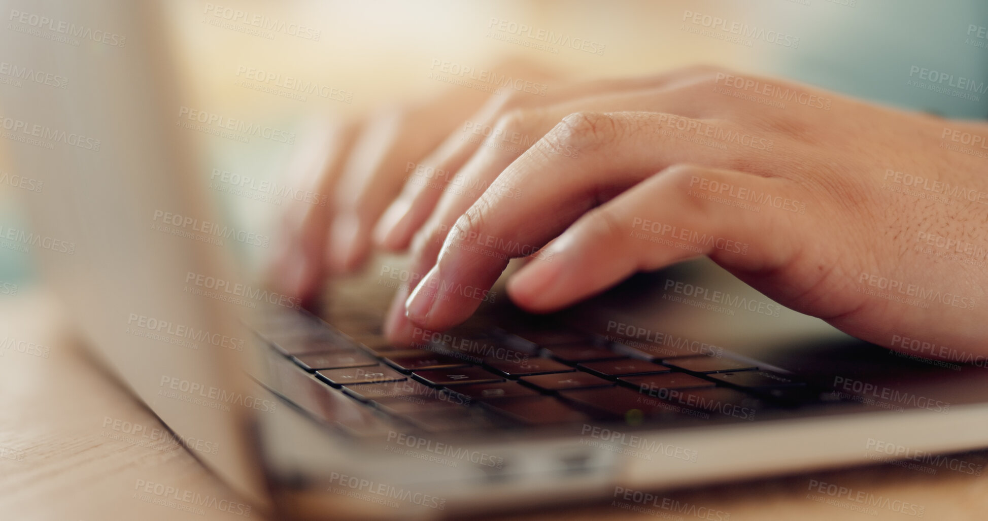Buy stock photo Hands, laptop and typing with student in home for distance education, online report or study. Assignment, computer and research with person at desk in apartment for development or school project