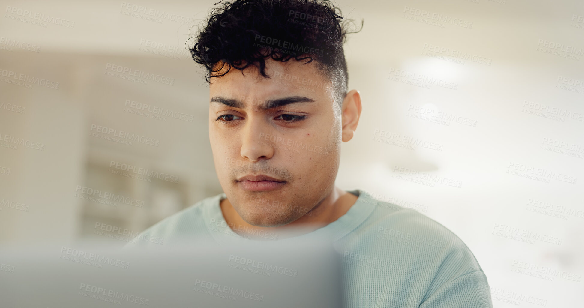 Buy stock photo Remote work from home, planning and man with laptop, online reading and review article. Decision, freelancer and journalist with pc, problem solving and email with feedback for report and thinking