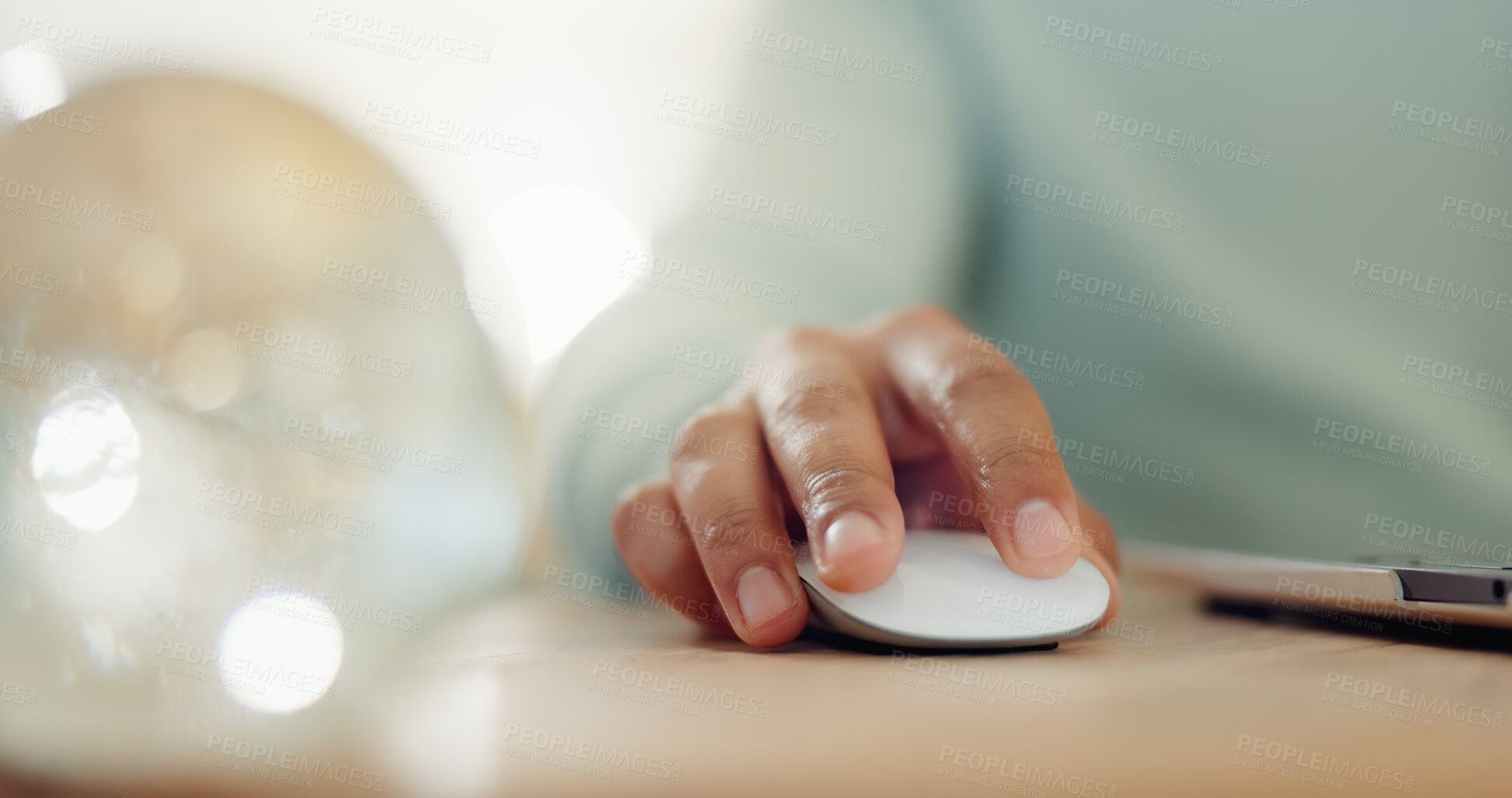 Buy stock photo Hands, mouse and person with tech, home and closeup of freelancer for video editing, creative and online. House, entrepreneur and editor with laptop for project, content creation and process for clip