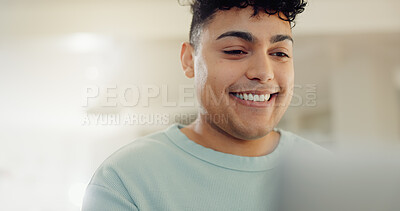 Buy stock photo Home, man and smile with laptop for remote work, reading article and news information for publication. Freelancer, male person and journalist with digital for story angle, blog website and happiness