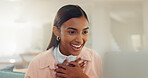 Home, excited and woman with laptop, reading and celebration for results of exam, student and online. Success, happy and Indian person with smile for achievement, education and review of website
