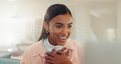 Buy stock photo Home, excited and woman with laptop, reading and celebration for results of exam, student and online. Success, happy and Indian person with smile for achievement, education and review of website