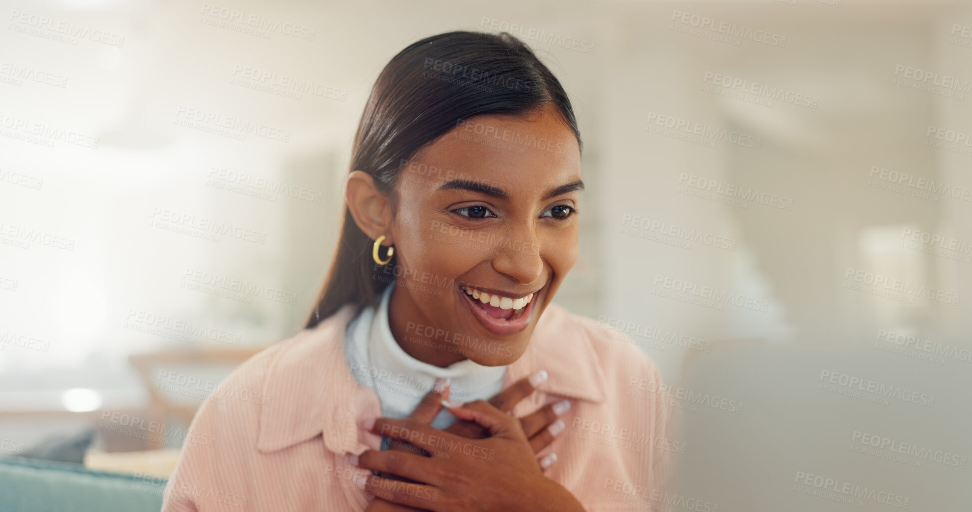 Buy stock photo Home, excited and woman with laptop, reading and celebration for results of exam, student and online. Success, happy and Indian person with smile for achievement, education and review of website