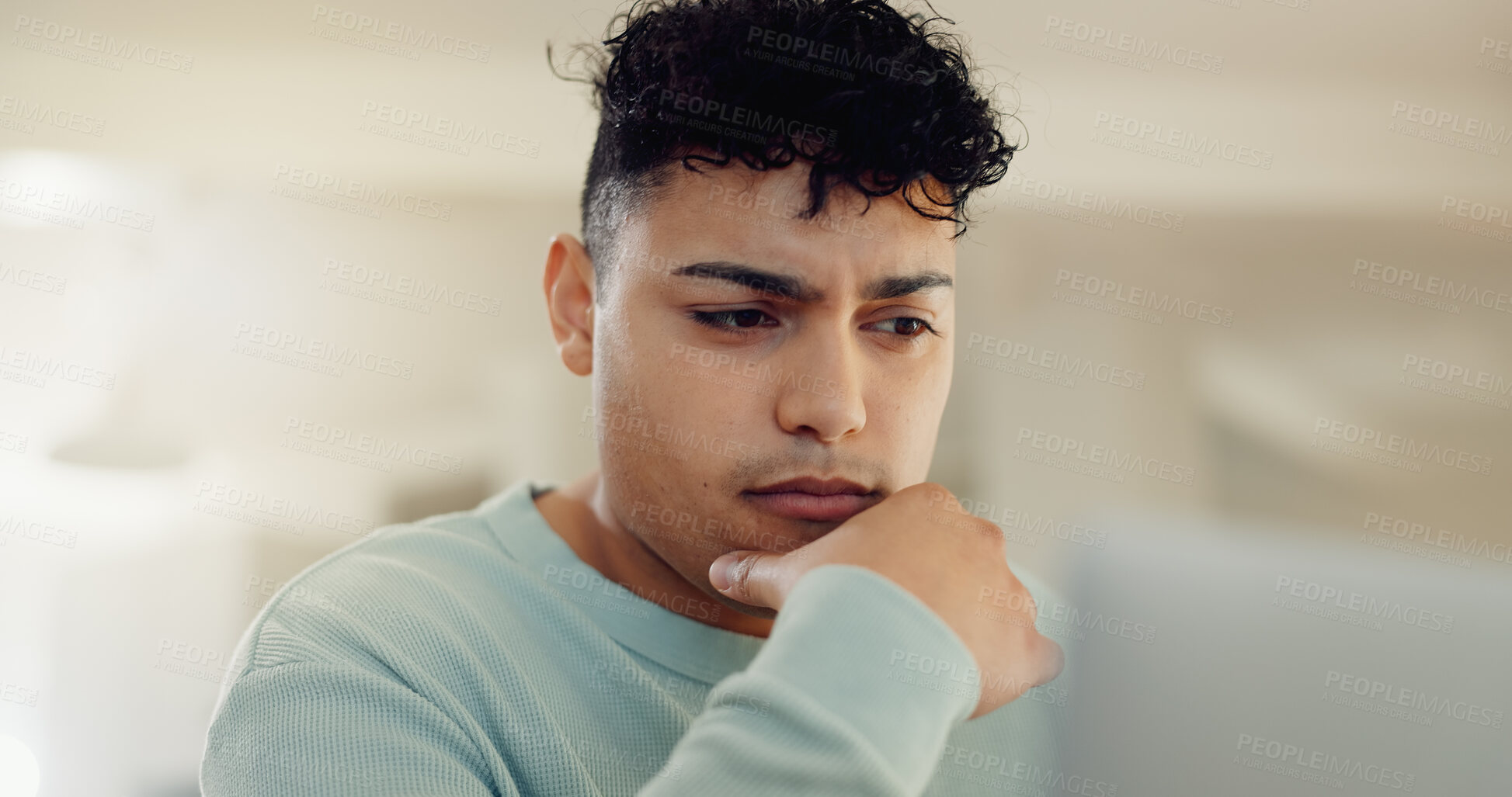 Buy stock photo Remote work from home, thinking and man with laptop, online reading and review article. Person, freelancer and journalist with pc, problem solving and email with feedback for report and planning