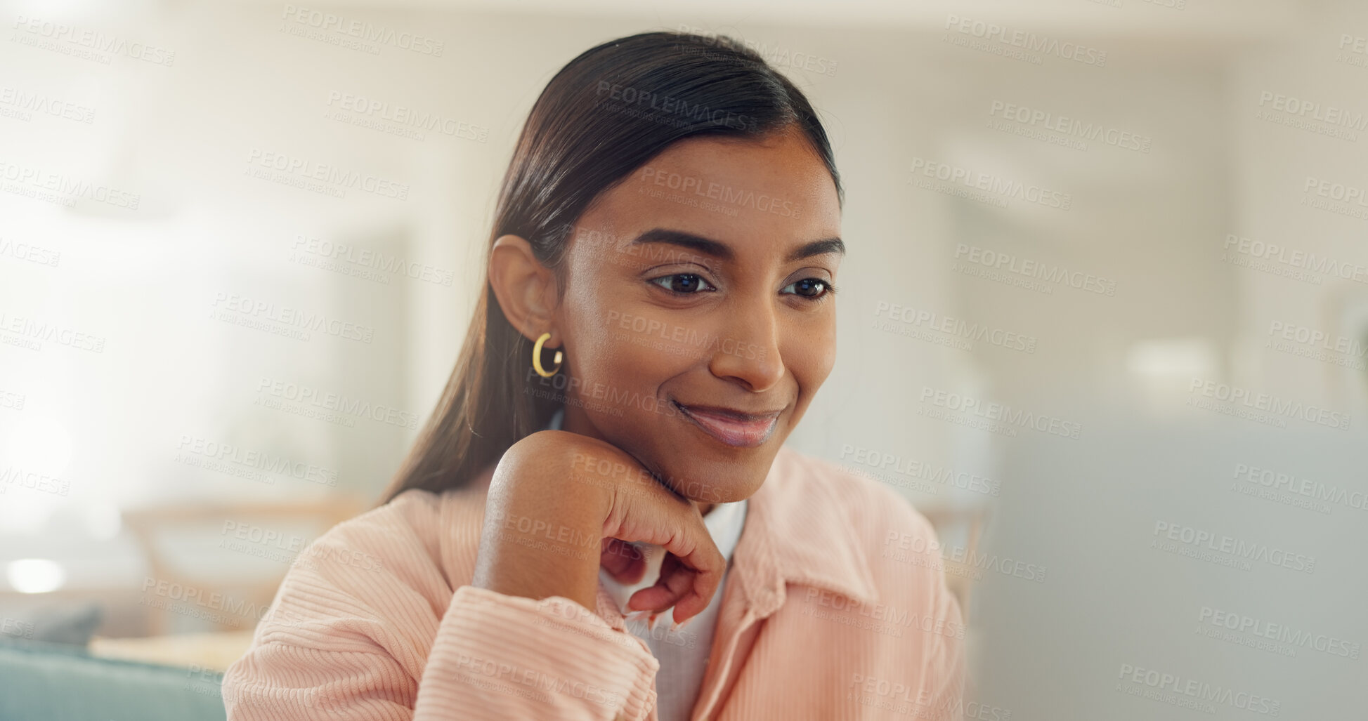 Buy stock photo Home, happy and woman with laptop, reading and research for assignment on website, student and online. College, studying and review of test with tech, education and person with smile for scholarship