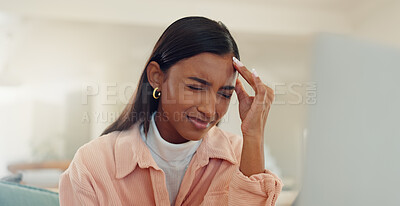 Buy stock photo Remote work from home, headache and woman with stress, health risk and overworked with article deadline. Person, freelancer and writer with migraine, burnout and pressure with pain, tired and fatigue