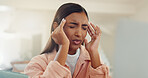 Remote work from home, headache and woman with pain, stress and overworked with article deadline. Person, freelancer and writer with migraine, burnout and pressure with health risk and tired