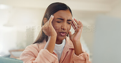 Buy stock photo Remote work from home, headache and woman with pain, stress and overworked with article deadline. Person, freelancer and writer with migraine, burnout and pressure with health risk and tired