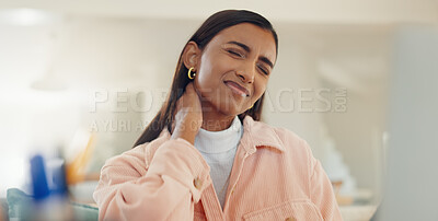 Buy stock photo Home, neck pain and woman with stress, anxiety and inflammation with joint injury. Person, apartment and girl with burnout, health risk and pressure with muscle tension, cramps and tired with fatigue