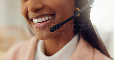 Buy stock photo Customer service, headset and smile of woman at work in call center as virtual assistant for help. Communication, contact us and mouth of happy employee in office for consulting or support closeup
