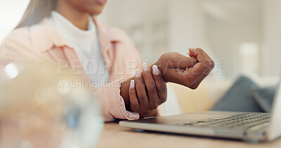 Buy stock photo Remote work from home, wrist pain and woman with laptop, muscle inflammation and broken. Closeup, person and freelancer with pc, sprain hand and joint injury with carpal tunnel syndrome and ache