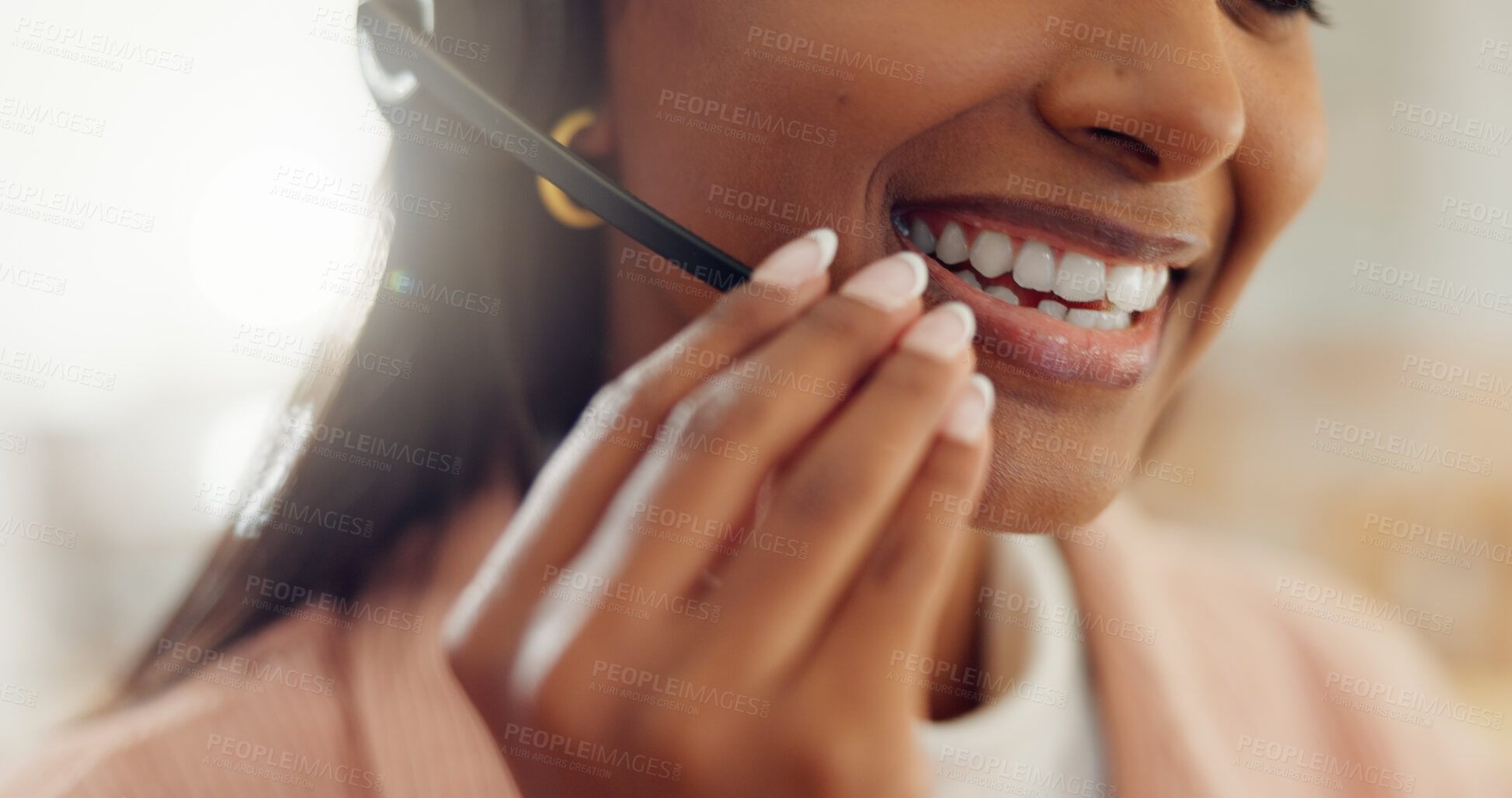 Buy stock photo Customer service, headset and mouth of woman at work in call center as virtual assistant for help. Communication, contact us and smile of happy employee in office for consulting or support closeup