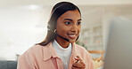 Home, woman and headset with laptop for customer service, freelancer and online for sales report. Smile, female person and consultant with technology for telemarketing, remote work or virtual support