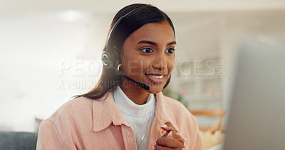Buy stock photo Home, woman and headset with laptop for customer service, freelancer and online for sales report. Smile, female person and consultant with technology for telemarketing, remote work or virtual support