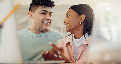 Buy stock photo Laptop, planning and discussion with couple at home for lease agreement, online application and support. Mortgage review, research and digital policy with man and woman low angle for account