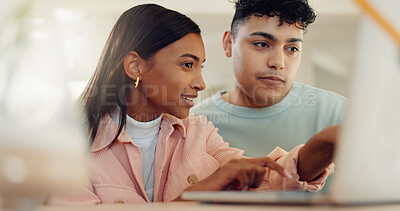 Buy stock photo Laptop, planning and pointing with couple in home for lease agreement, online application and support. Mortgage review, research and digital policy with man and woman in living room for account