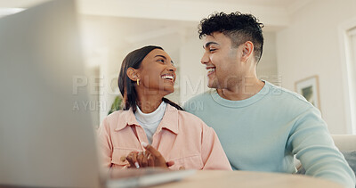 Buy stock photo Laptop, planning and happy with couple at home for lease agreement, online application and support. Mortgage review, research and digital policy with man and woman in living room for account