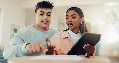 Buy stock photo Tablet, planning and documents with couple at home for lease agreement, online application and support. Mortgage review, research and digital policy with man and woman in living room for paperwork