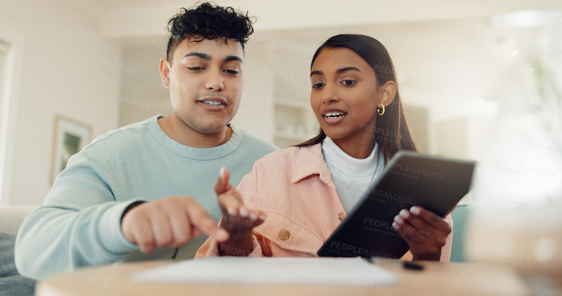 Buy stock photo Tablet, planning and documents with couple at home for lease agreement, online application and support. Mortgage review, research and digital policy with man and woman in living room for paperwork