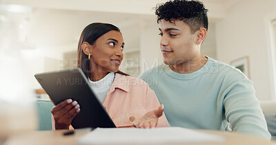 Buy stock photo Tablet, planning and discussion with couple at home for lease agreement, online application and support. Insurance review, research and digital policy with man and woman in living room for account