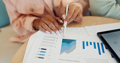 Buy stock photo Hands, woman and finance graph on document for income, statistics graphs and profit increase. Person, house and paperwork with investment charts, financial growth and performance results for revenue