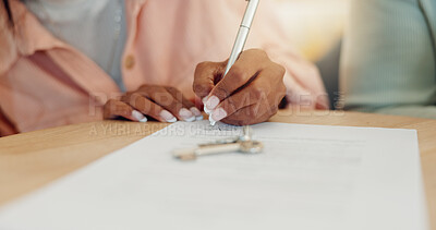 Buy stock photo Hands, woman and signature on document of new house contract, lease agreement and mortgage purchase. Couple, legal paperwork and keys for real estate, loan compliance and insurance policy for payment