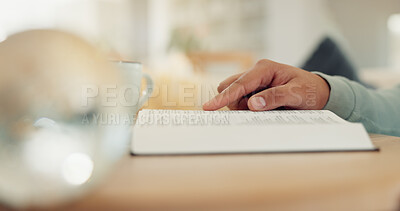Buy stock photo Religion, hands and reading bible in home for spiritual meditation, healing guidance and knowledge of God. Faith, person and holy book for scripture, worship study and christian information for peace