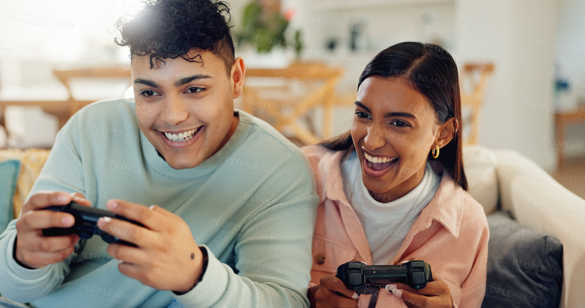 Buy stock photo Relax, smile and gaming with couple on sofa for esports challenge, arcade and competition. Happiness, streaming and contest with man and woman in living room at home for gamer controller and fun