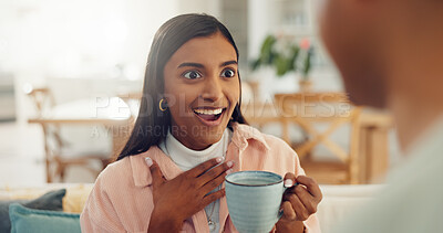 Buy stock photo Coffee, surprise and woman in home for talking, conversation and discussion for news on weekend. House, morning and couple with drink for bonding, relationship and shock for gossip, info and chat