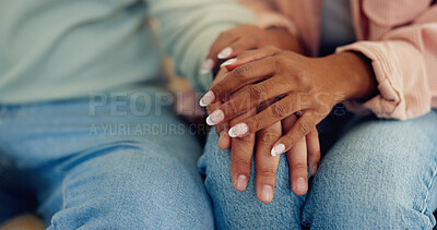 Buy stock photo Empathy, hands and support with couple closeup in home together for bonding, love or trust. Connection, healing or solidarity and people in apartment for help with trauma of grief, loss or pain