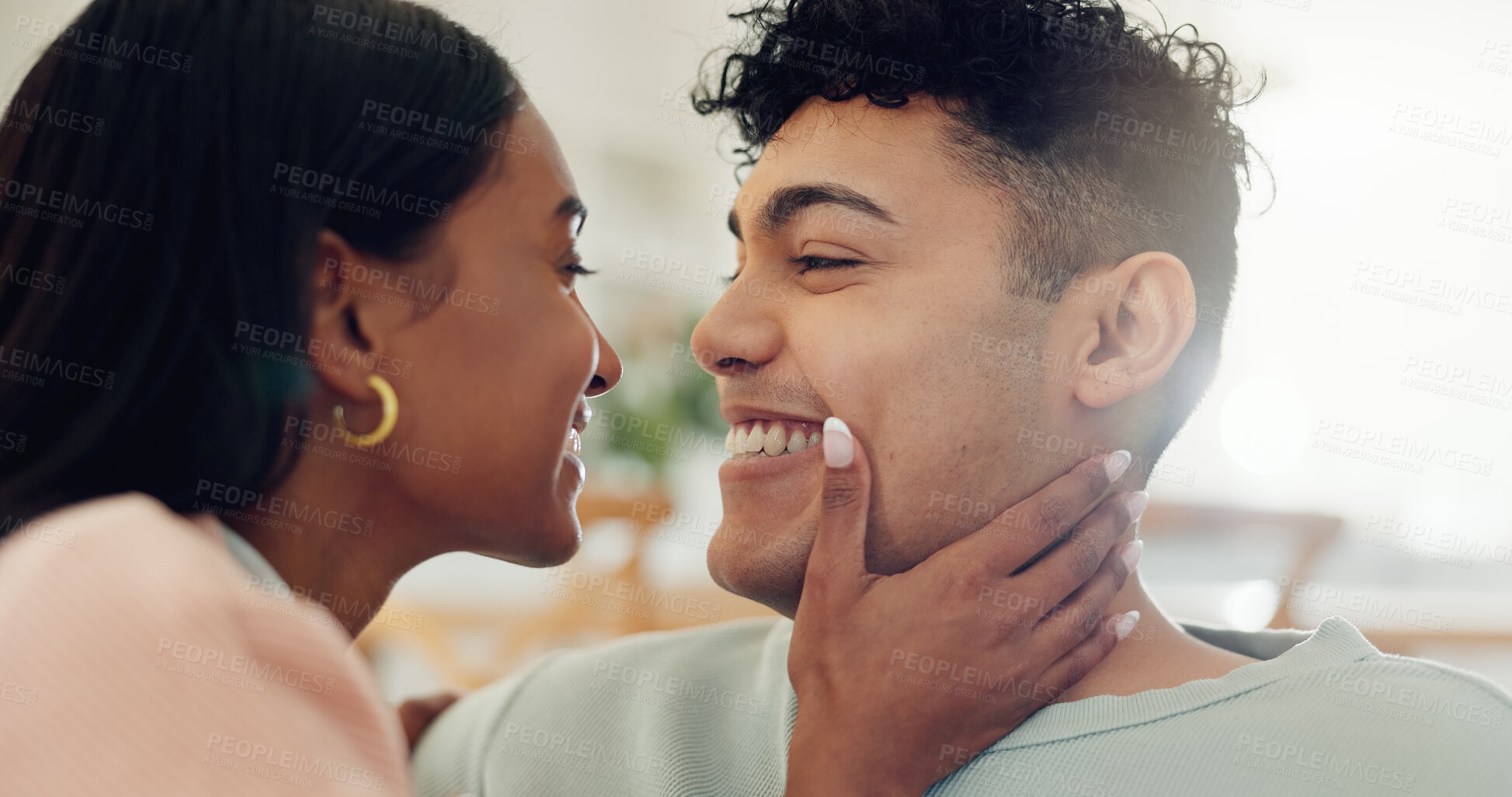 Buy stock photo Couple, happy and relax with love at house for affection, passion and partner for support in living room. People, romance and embrace with relationship commitment, bonding together and weekend break