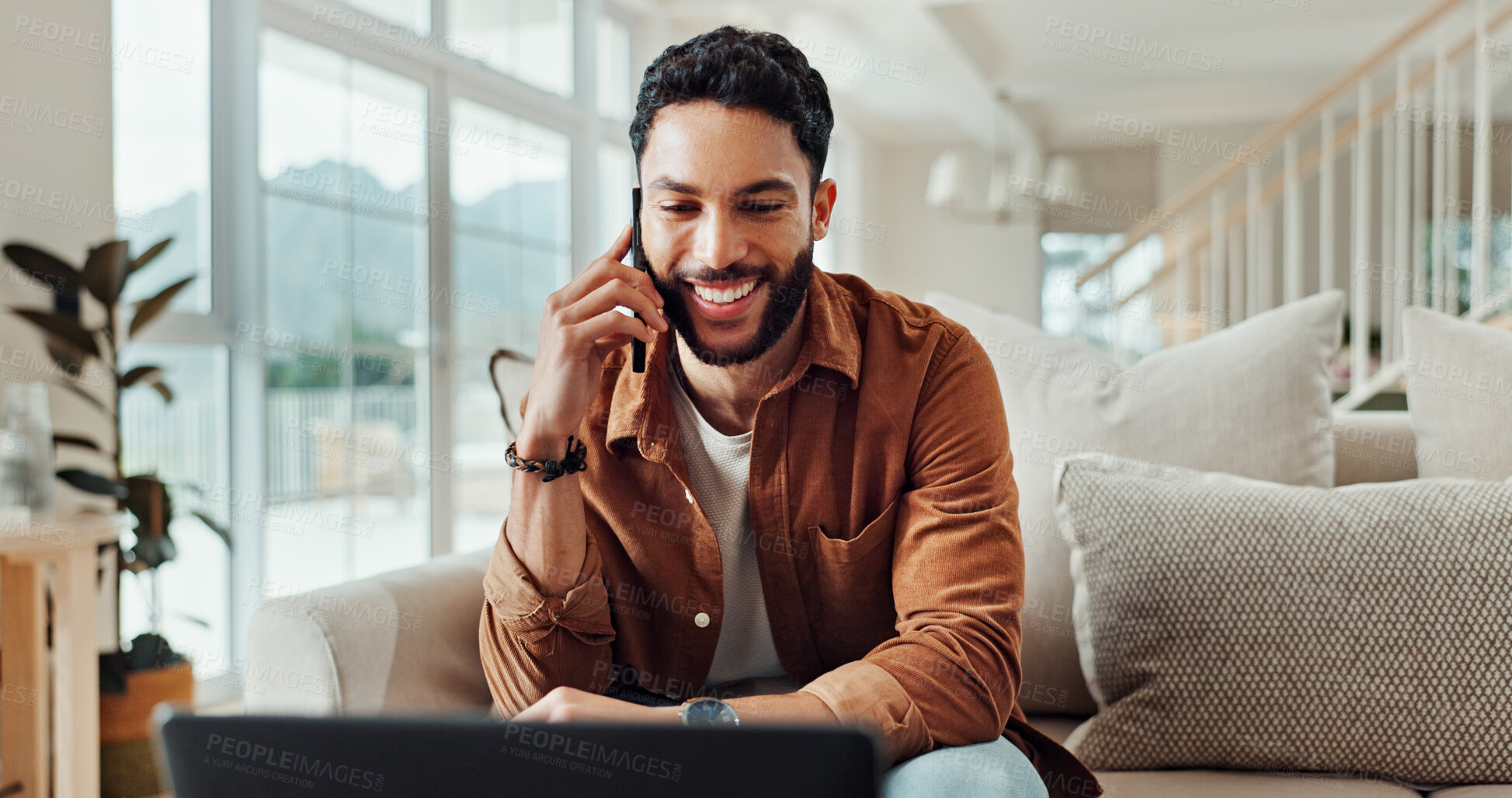 Buy stock photo Phone call, smile and man with laptop, conversation and freelancer with invoice for contact or house. Remote work, graphic designer and person with tech for communication, discussion and payment term