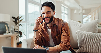 Buy stock photo Phone call, home and man with laptop, conversation and freelancer with invoice for contact and happy. Remote work, graphic designer and person with tech for communication, discussion and payment term