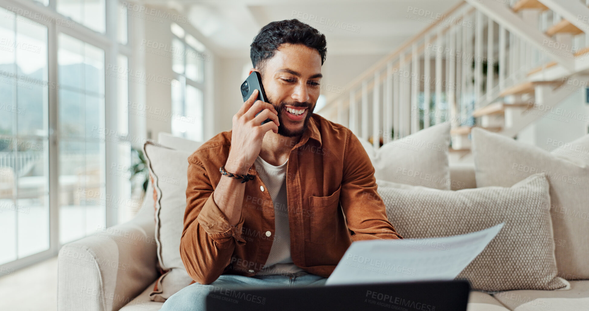 Buy stock photo Phone call, home and man with paperwork, laptop and freelancer with invoice for contact and business. Remote work, graphic designer and person with tech for communication, discussion and payment term