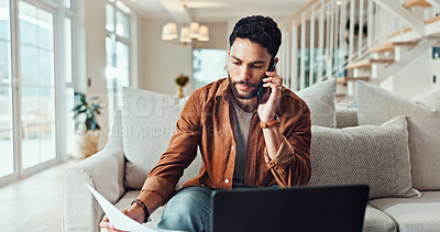 Buy stock photo Phone call, talking and man with paperwork, laptop or freelancer with invoice for contact or business. Remote work, graphic designer and person with tech for communication, discussion or payment term